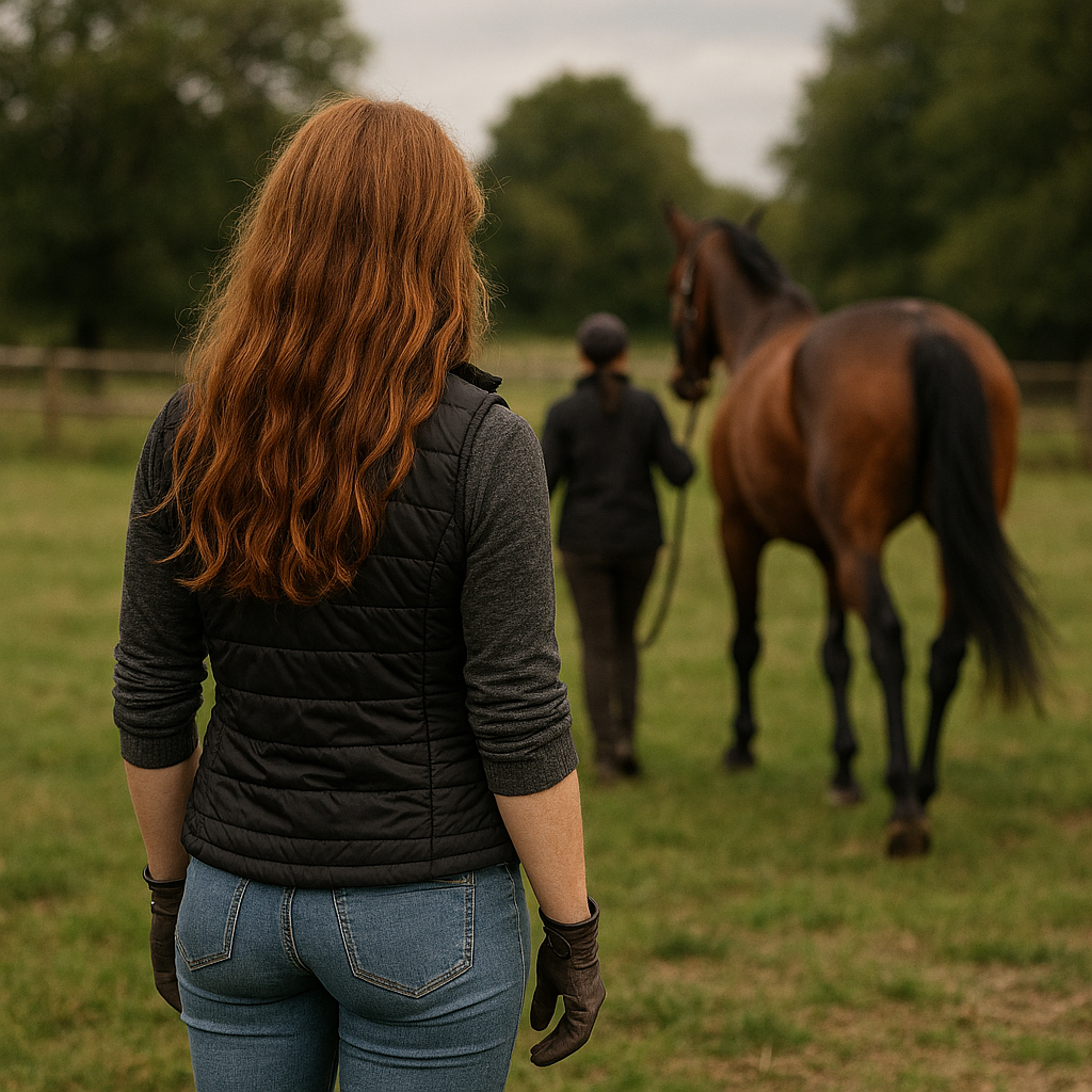 Woman with red hair reviewing a horse during an equine nutrition consultation